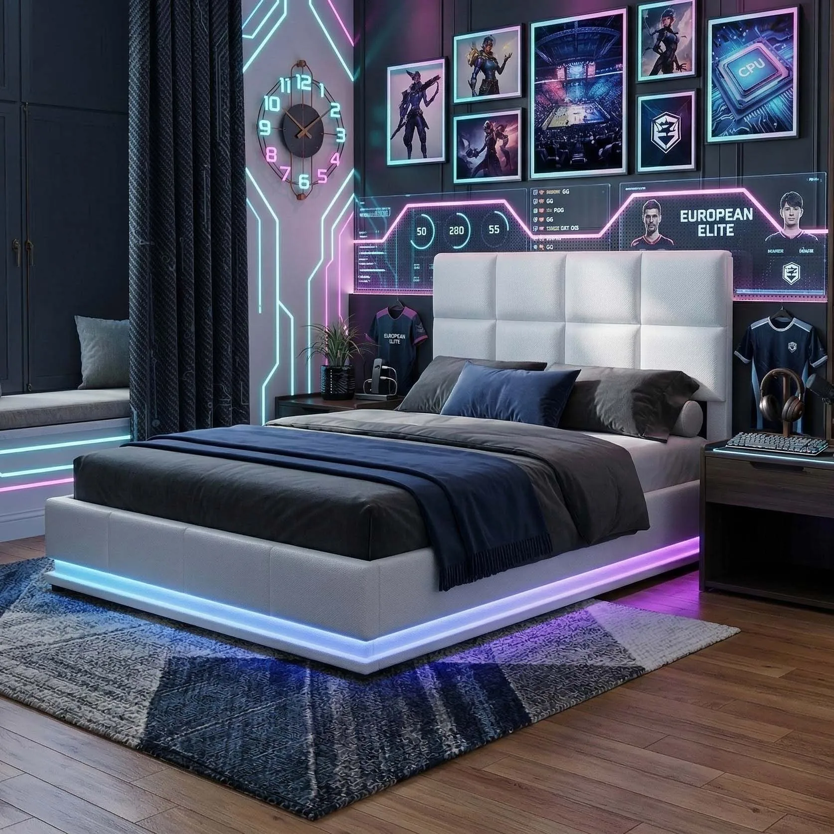 Kofferraumbett 140x cm PU Weiß, hydraulisches Kastenbett, LED-RGB-Beleuchtung 16 Farben, modernes Design, Stauraum unter dem Bett XXL Image