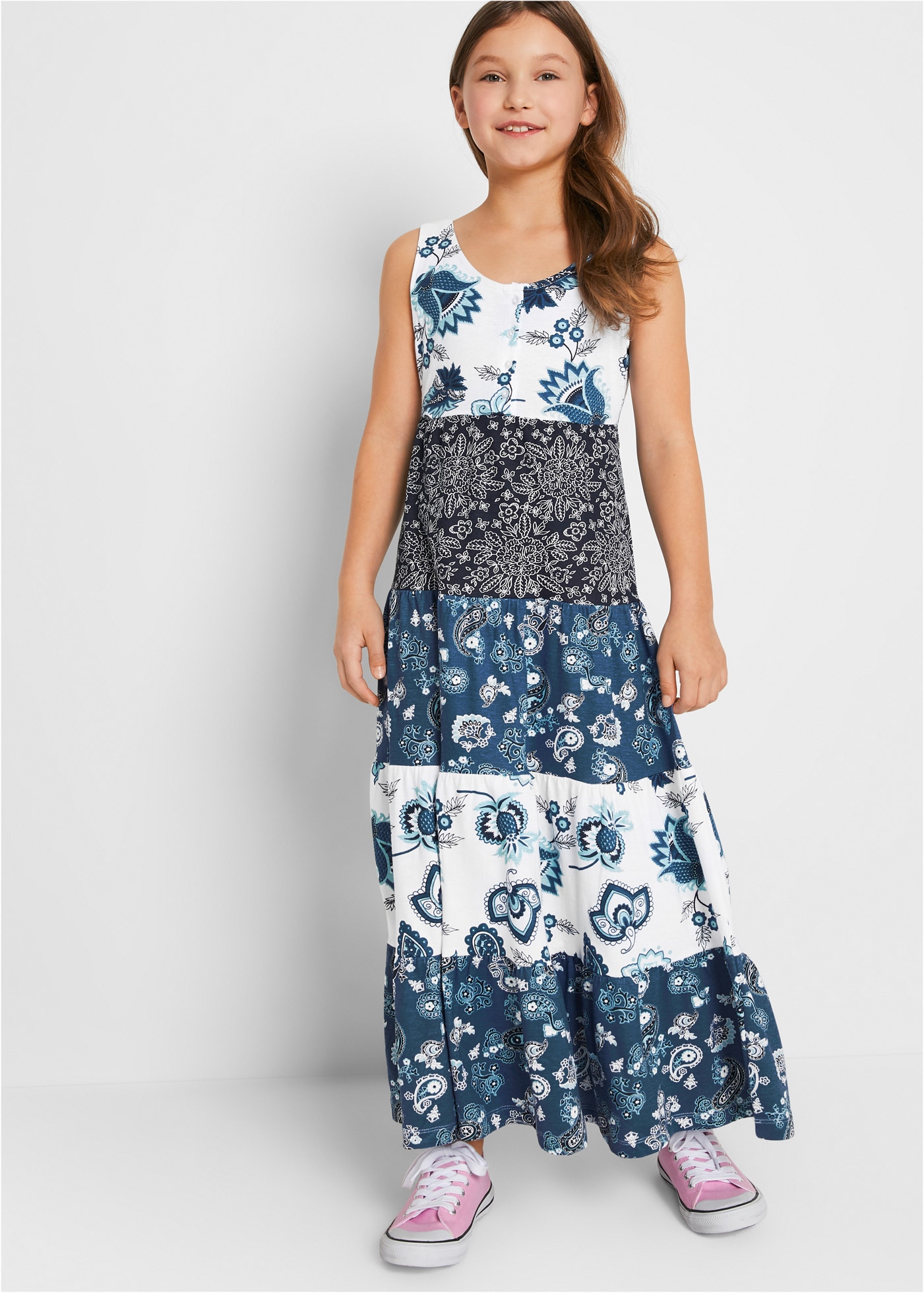 Jerseykleid BONPRIX, Mädchen, Gr. 158, N-Gr, wollweiß, jeansblau, dunkelblau, Jersey, Obermaterial: 100% Baumwolle, regular fit, Kleider Jerseykleid, für Frühling und Sommer, Maxi-Kleid, regular fit Image