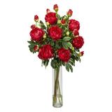 Nearly Natural Peony with Cylinder Silk Flower Arrangement Red