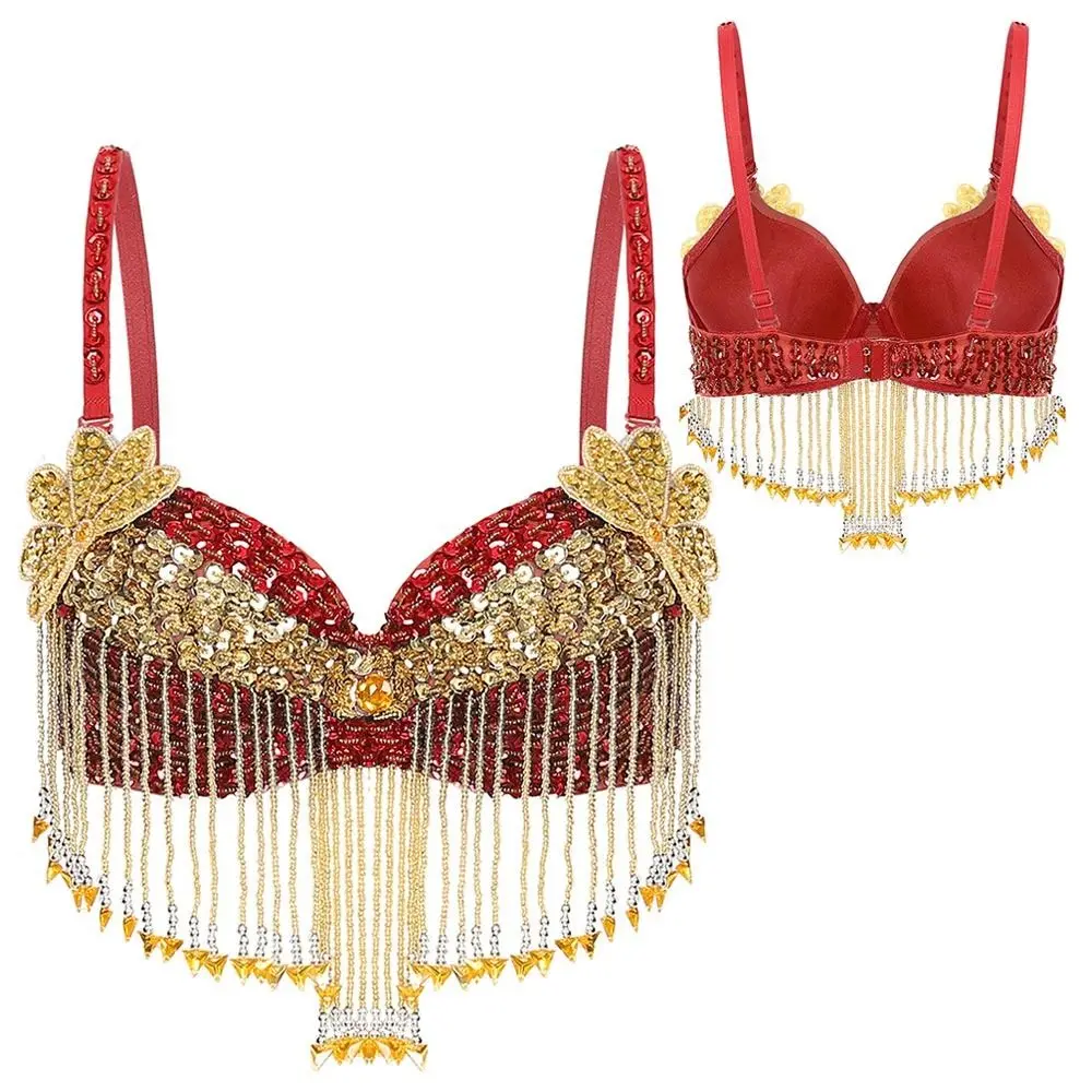 Glands perlés haut de danse du ventre bretelles réglables soutien-gorge à armatures brillant scène discothèque vêtements de danse pour thaïlande/inde/arabe