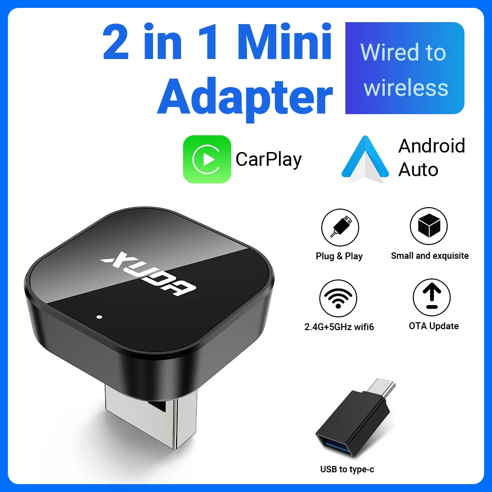 Adattatore Wireless 2 in 1 XUDA 2026 per CarPlay e Android Auto, WiFi 5Ghz Type-C/USB Plug & Play CarPlay Wireless