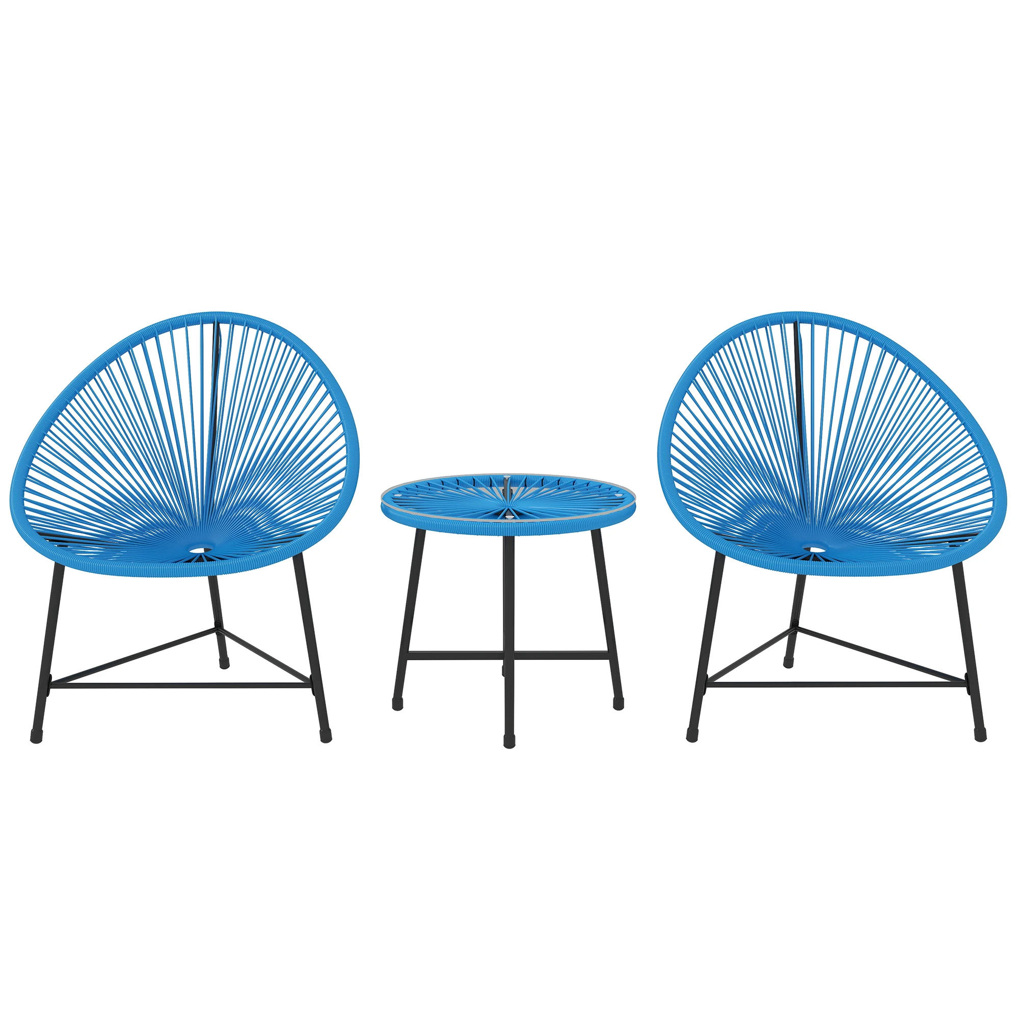 Outsunny Salon de jardin extérieur en résine tressée 2 personnes, table de jardin extérieure avec 2 chaises, plateau en verre trempé, mobilier de jardin pour balcon terrasse patio, bleu