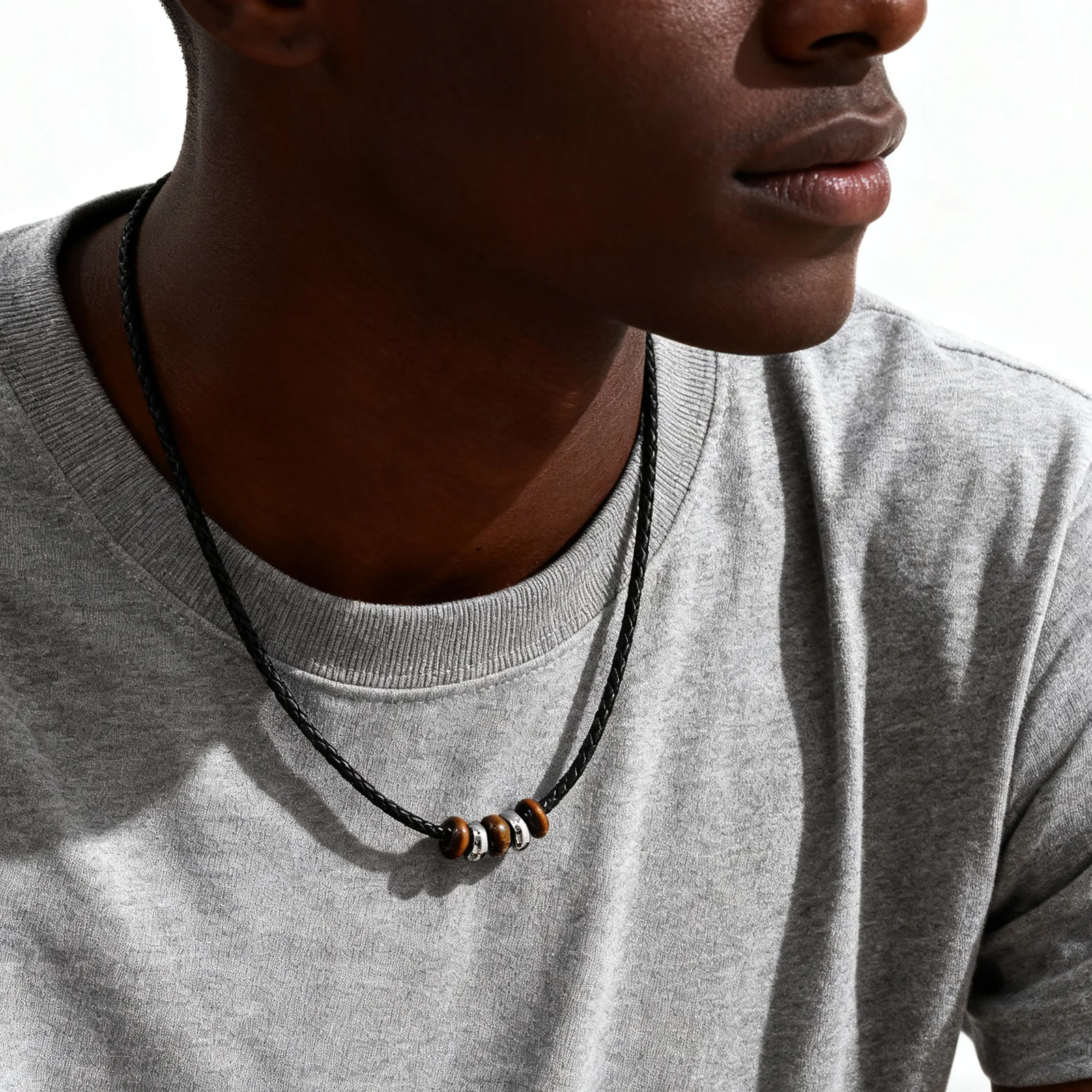 Vintage-Halskette aus PU-Leder für Herren, Edelstahlperlen, natürlicher Tigerauge-Steinhalsband, einfacher Schmuck, männliches Geschenk Image