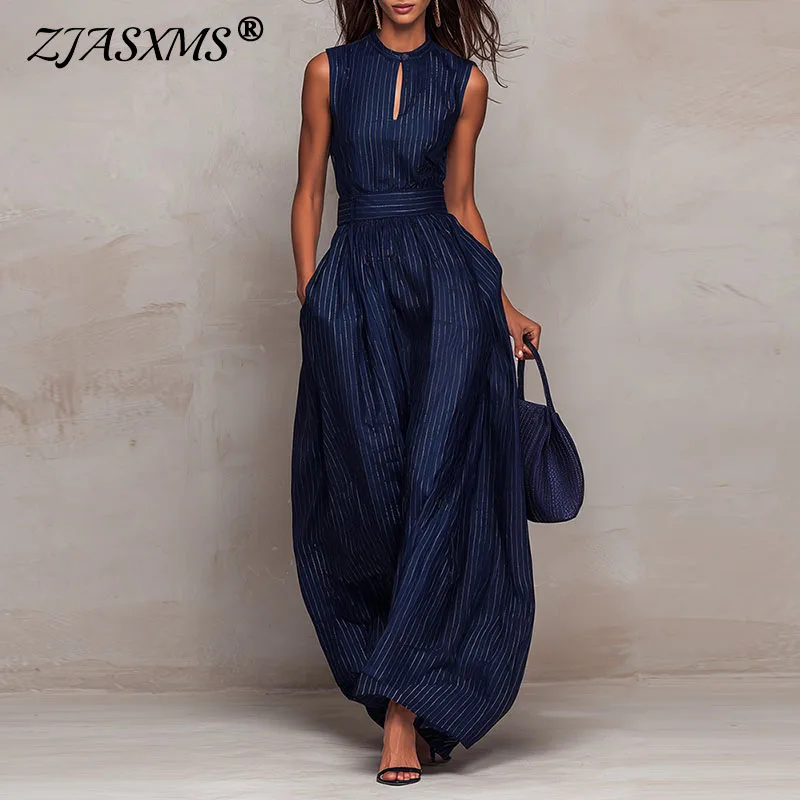 Eleganter Damen-Jumpsuit mit O-Ausschnitt und Reißverschluss am Rücken, Frühlings-Overall mit Streifenmuster, hoher Taille, ärmellos, weitem Bein und Taschen, Sommer-Latzhose Image