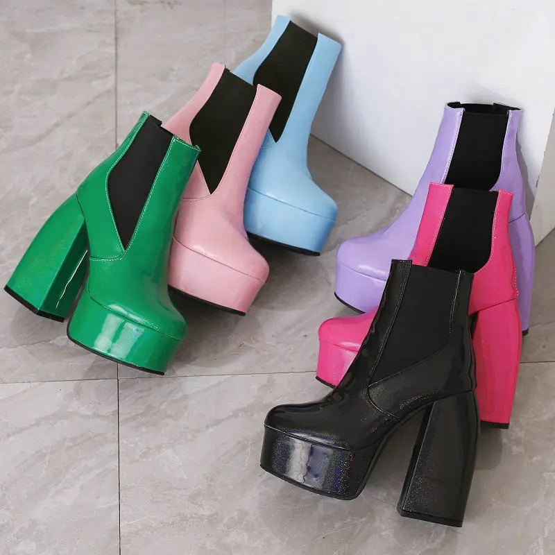 Größe 35–48, lila, rosa, grün, runde Zehen, Plattform, Winterschuhe, Damen, klobige High Heels, Knöchel, elastisches Band, Stretch-Chelsea-Stiefel