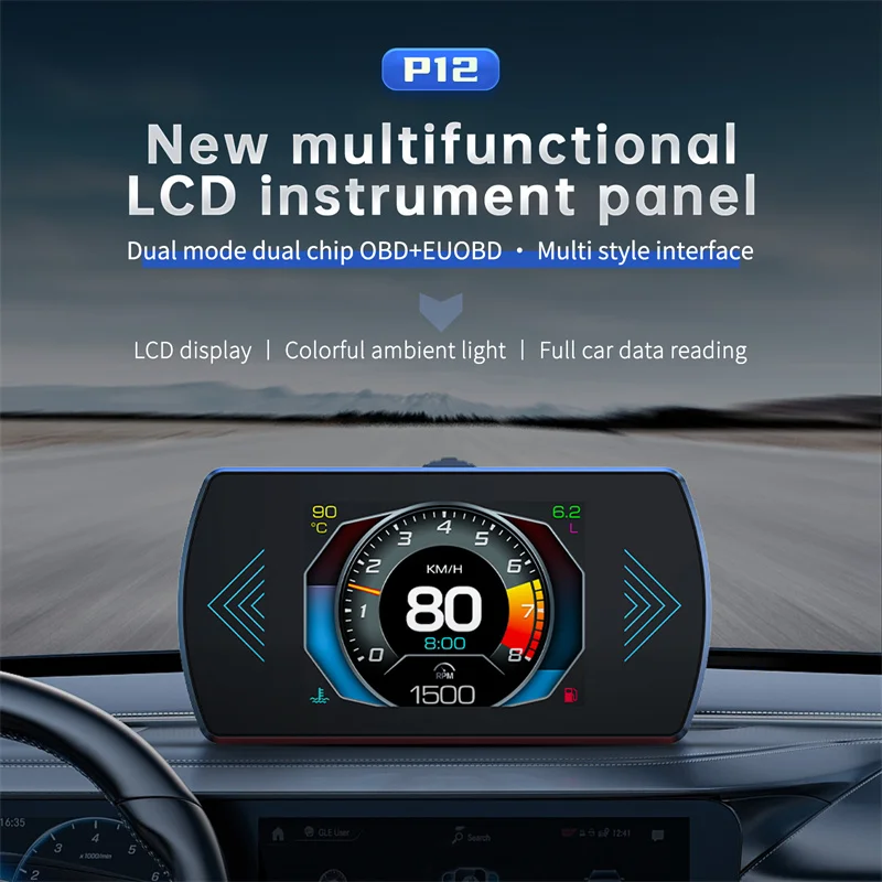P12S Auto OBD2 Head Up Display Dual System HUD OBD Gauge Smart Digital Meter Geschwindigkeit Kraftstoff Fehler Code Fahren Computer Werkzeug Image