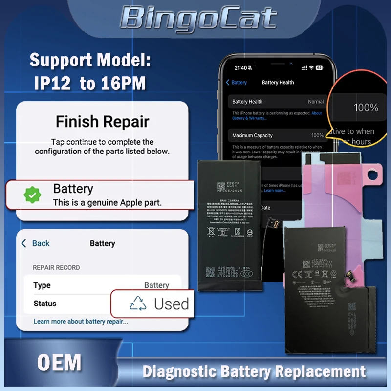 Hochleistungs-Diagnosebatterie für iPhone 12/13/14/15 Pro Max Mini 0 Zyklen 100% Gesundheit Keine Pop-up-Nachrichten Kompatibel mit iOS 18&26 Image
