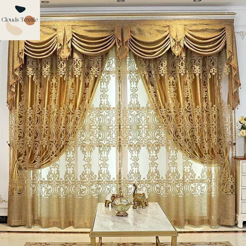 Europäische Stickerei Luxus Gold Vorhänge für Wohnzimmer Schlafzimmer Fenster Hochwertige Bildschirm Tüll Volant Vorhänge Anpassen Image
