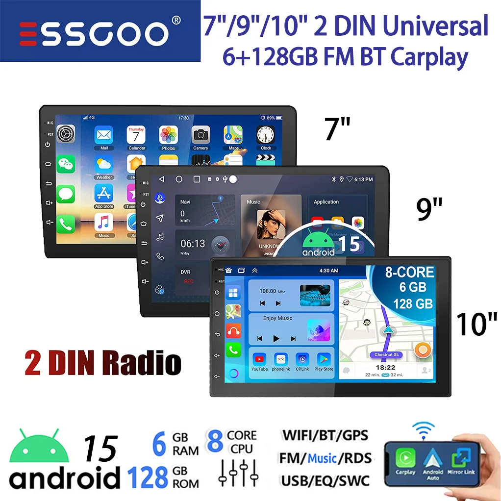 ESSGOO 7/9/10 Zoll 2DIN Android 15 6+128G Universelles Autoradio Kabelloses Carplay Android Auto 4G WLAN Bluetooth FM AM GPS NAV RDS SWC Image