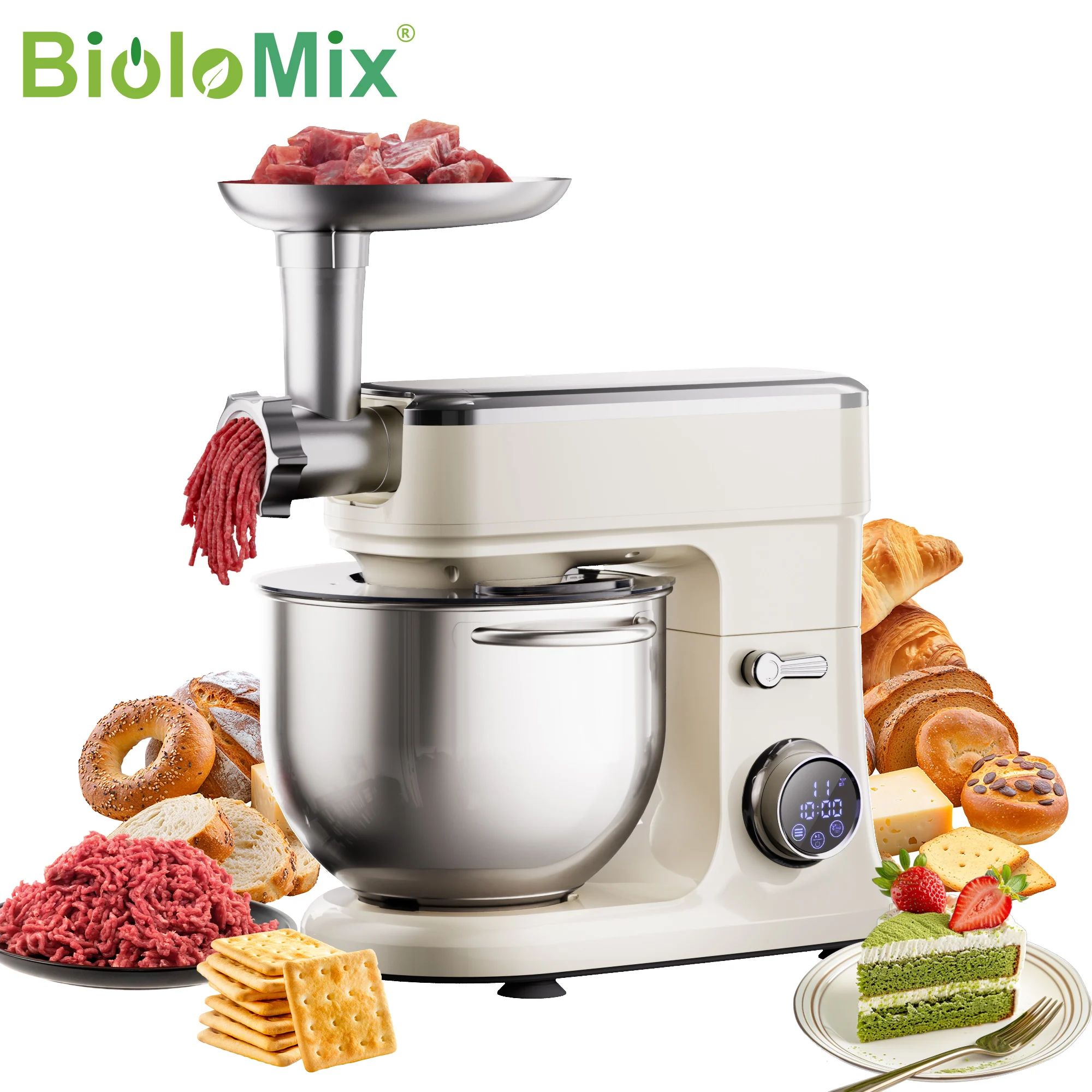 BioloMix 7L Küchenmaschine zum Backen, 1200W DC-Motor Standmixer, mit Knethaken, Schneebesen & Rührbesen, Fleischwolf-Aufsatz Image