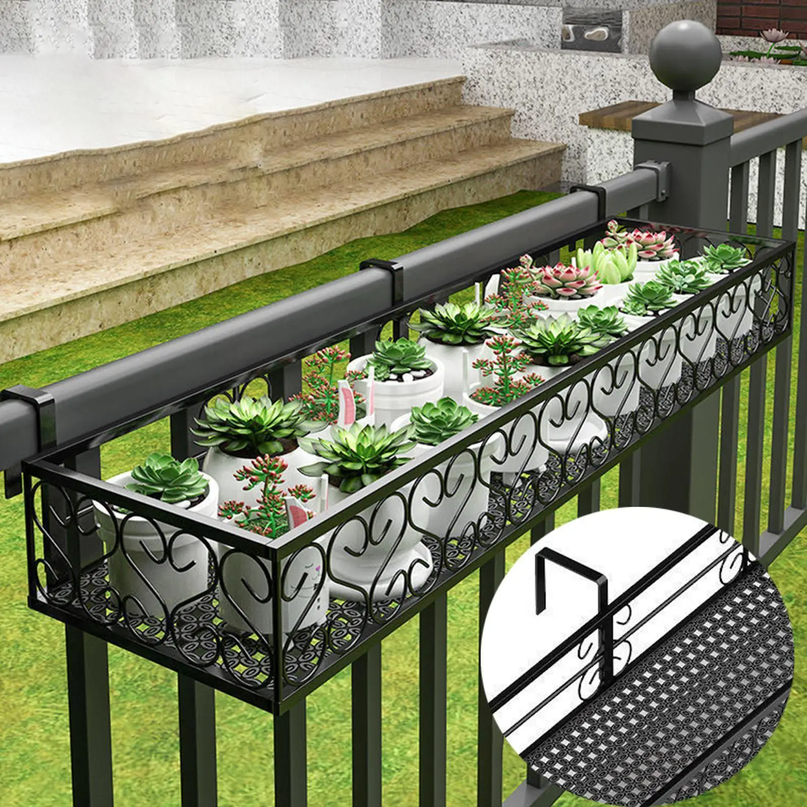 Balkon-Blumentopfständer aus Eisen, Hängendes Pflanzenregal für Außengeländer, Garten-Veranda-Dekoration Image