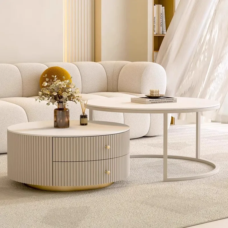 Runder Couchtisch aus Steinplatte für Wohnzimmer, schlicht, modern, für kleine Wohnungen, cremefarben, leichter Luxus Image