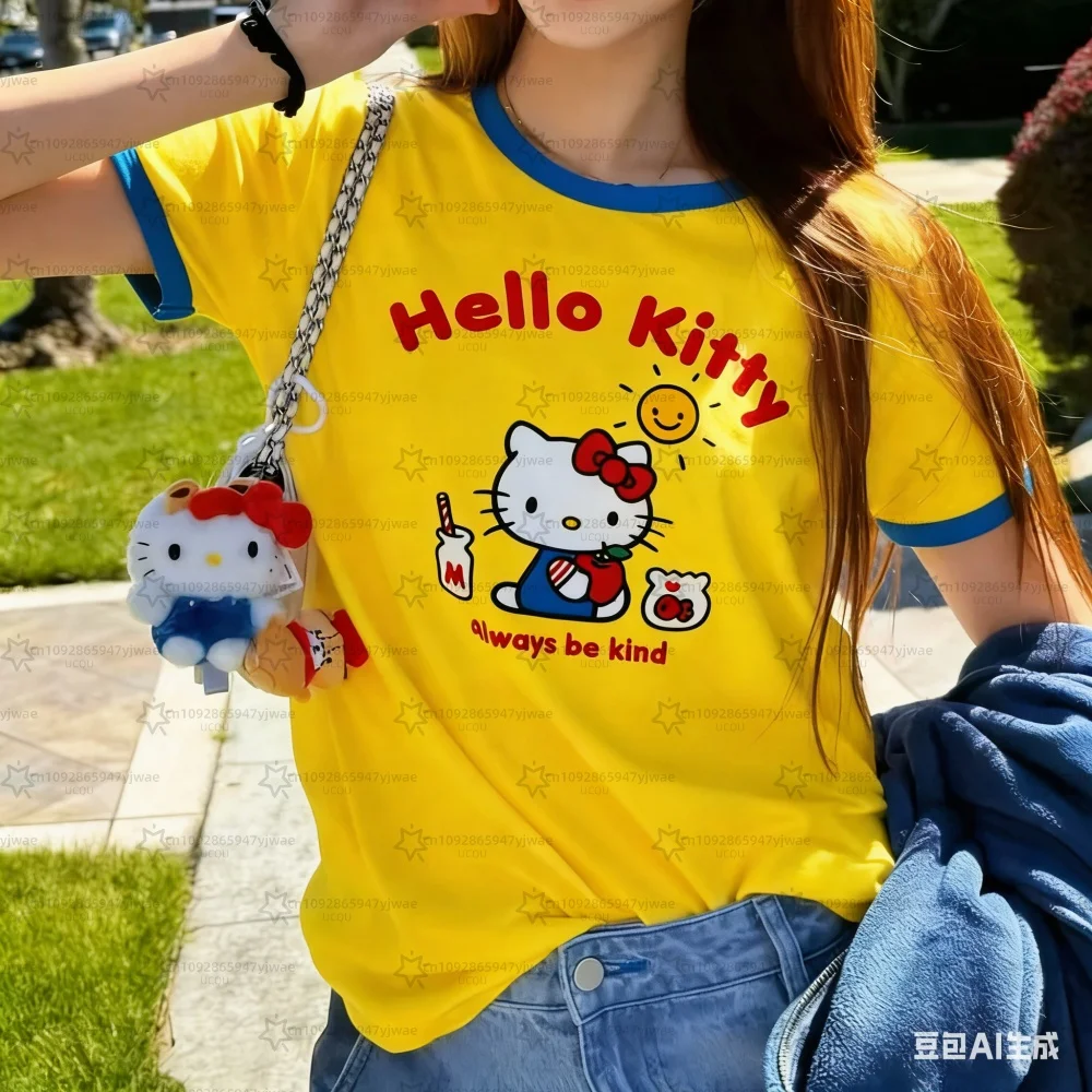 2026 Sommer Kinder Hello Kitty Oversized T-Shirt Hochwertiger 3D-Druck Weiß Blau Ringer Tee Grafik Herren Damen Y2K T-Shirt