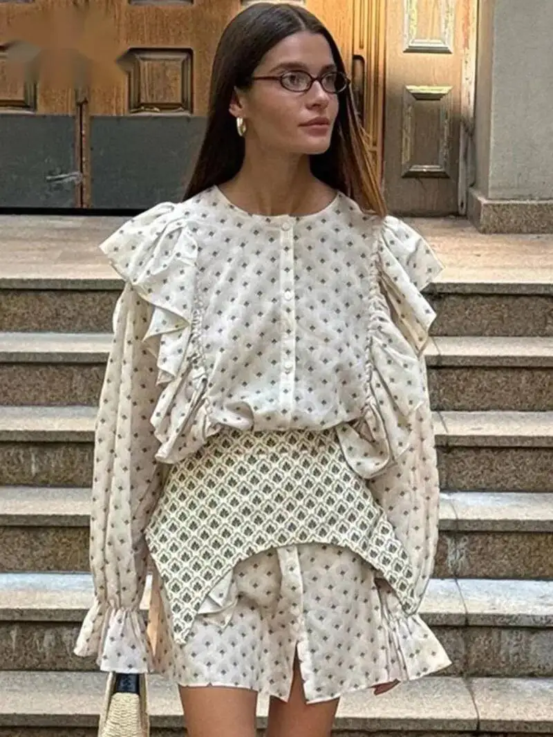 Elegante Beige Bedruckte Kleider 2026 Damenmode Neu O-Ausschnitt Langarm Rüschenkleider Lässiges Patchwork-Knopf-Minikleid 523I