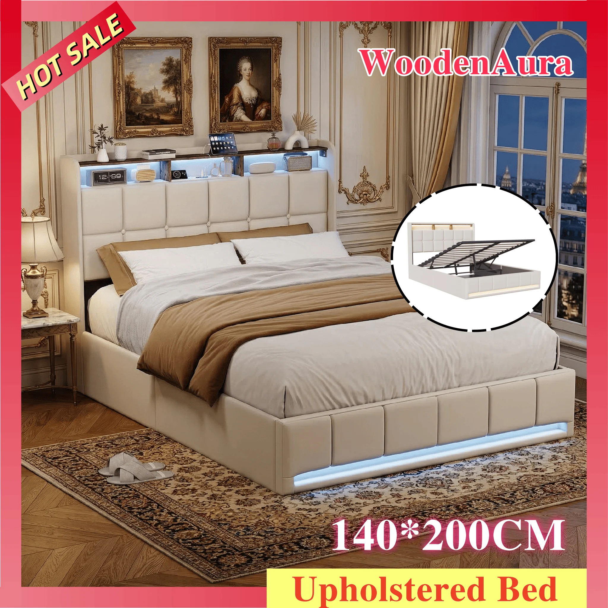 WoodenAura LED-Bett, 140x200 cm, mit USB- und Typ-C-Ladeanschlüssen, hydraulisches Stauraumbett, Stauraum im Kopfteil, beige, Leinen Image