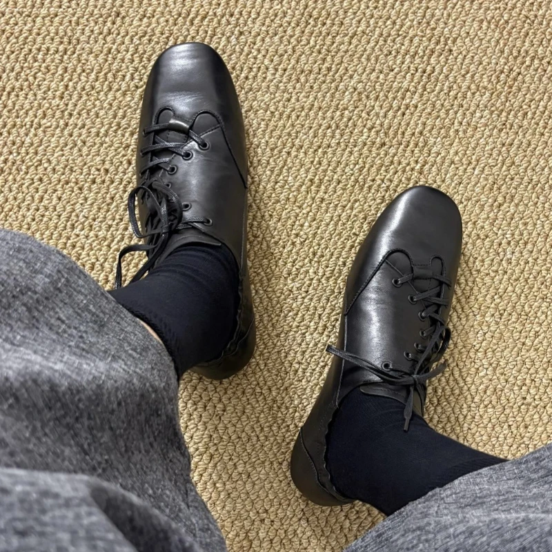 Lace Up Schwarz Wohnungen Schuhe Frauen Müßiggänger Karree Flach Pu Leder Casual Schuhe Damen Frühling Herbst Plus Größe Schuhe Neue