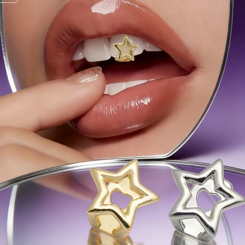 Hollow Star Teeth Grillz Hip Hop Gold Silber Farbe Pentagramme Zahnkappen für Frauen Männer Schmuck Party Geschenk