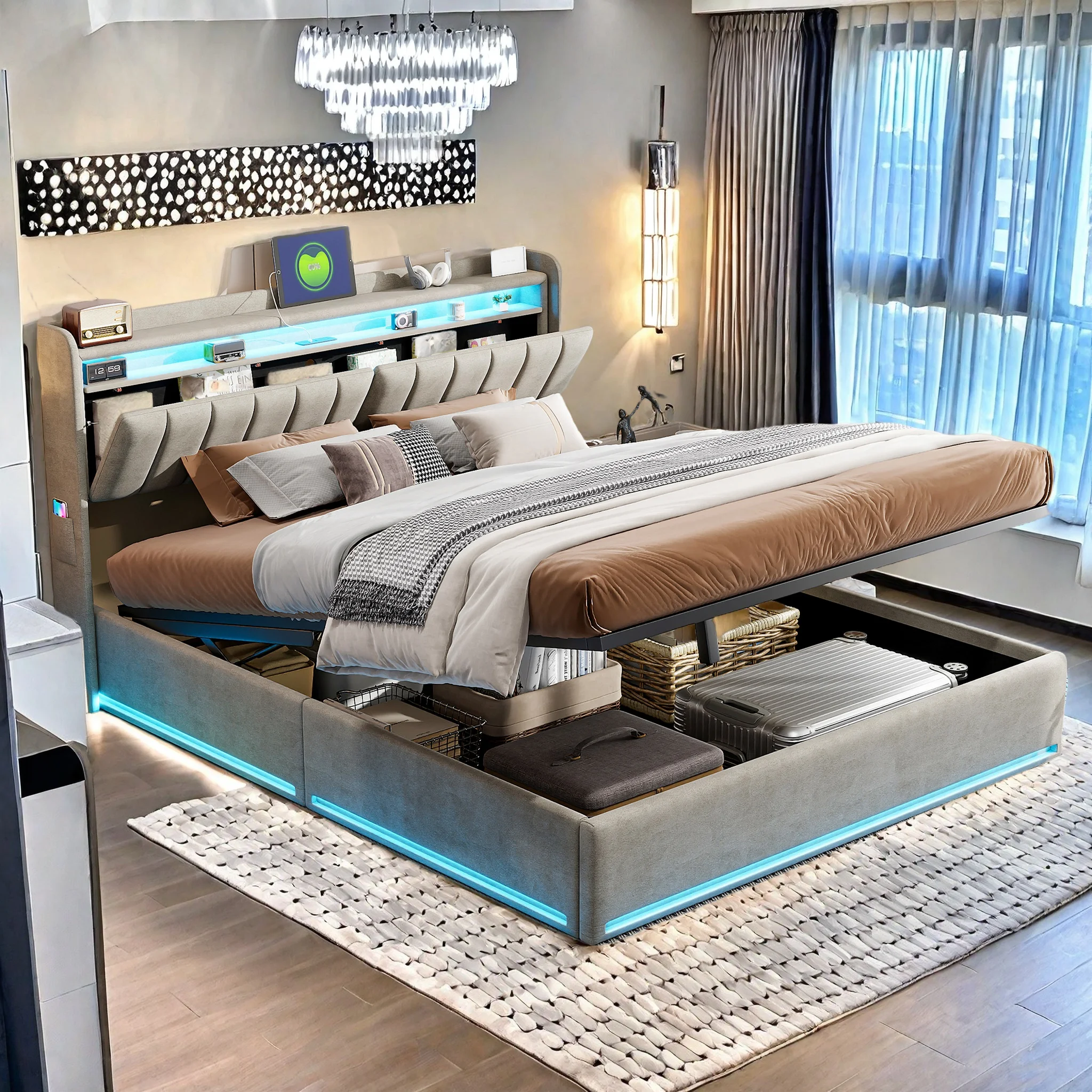 Bett 160x, Doppelbett mit USB-Anschluss und LED-Beleuchtung, hydraulischer Bettkasten, Samt, ohne Matratze, Grau Image