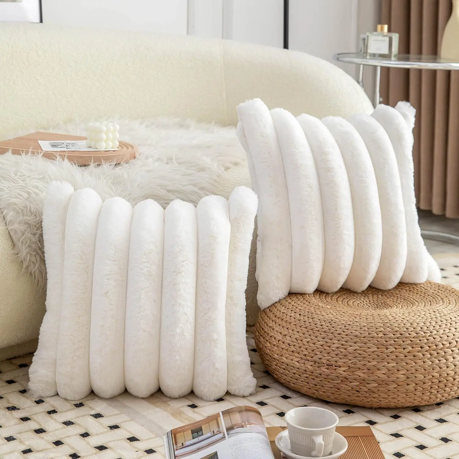 1 Stück 7 cm gestreifter Plüsch-Kissenbezug 30 x 50 45 x 45 50 x 50 weicher dekorativer Kissenbezug Heimdekoration Sofa-Kissenbezug weiß beige
