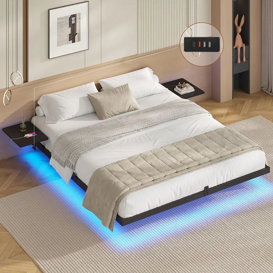 Metallbettgestell 180 x 200 cm mit LED-Beleuchtung und Ladestation, schwebendes Bettgestell mit Ablagefächern Image