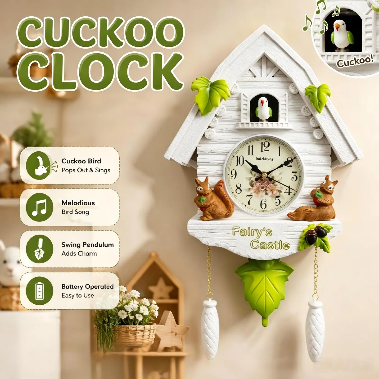 Märchenhafte Kuckucksuhr, Dekorative Musikalische Vogel-Wanduhr mit Pendel, Deko-Geschenk für Kinderzimmer, Zuhause und Wohnzimmer
