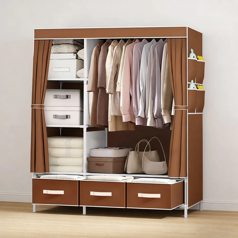 65 Zoll tragbarer Kleiderschrank aus Vliesstoff mit Regalen und Seitentasche für Schlafzimmer-Kleiderständer