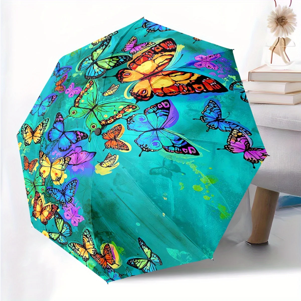 Vintage Schmetterlinge Blaugrün Muster Bedruckter 1-teiliger Automatischer Faltschirm, Tragbares & Faltbares Design mit 8 Streben, Outdoor-Zubehör Image
