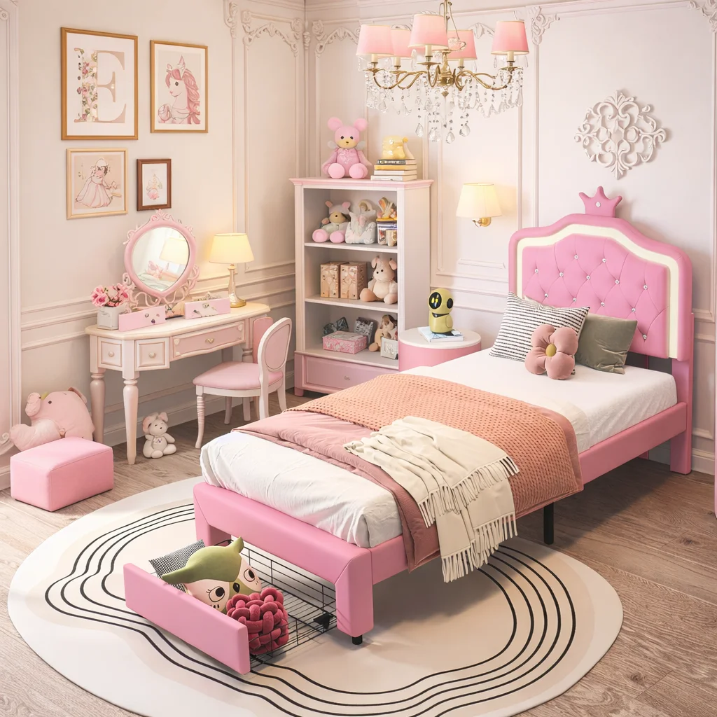Kinderbett 90x200 cm mit Schubladen Stauraum, Polsterbett PU Einzelbett mit verstellbarem Kopfteil und LED Licht, Mädchenbett Prinzessinnenbett Jugendbett mit Lattenrost, modernes Bett Kinderzimmer