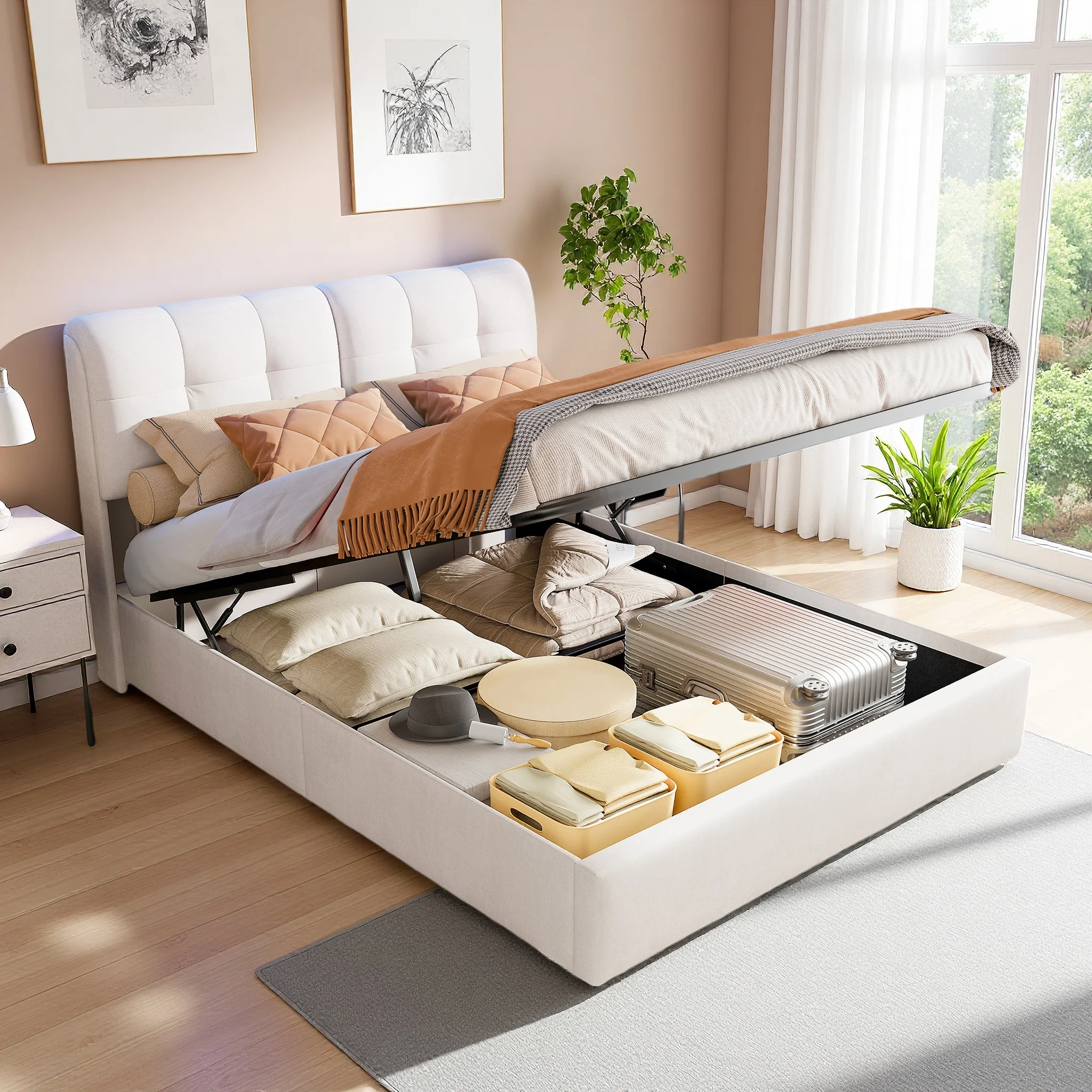 Bett 140x200 cm Polsterbett mit Stauraum hydraulisch LED, Doppelbett mit Lattenrost und Kopfteil, Bettgestell modern Jugendbett Schlafzimmer Gästezimmer