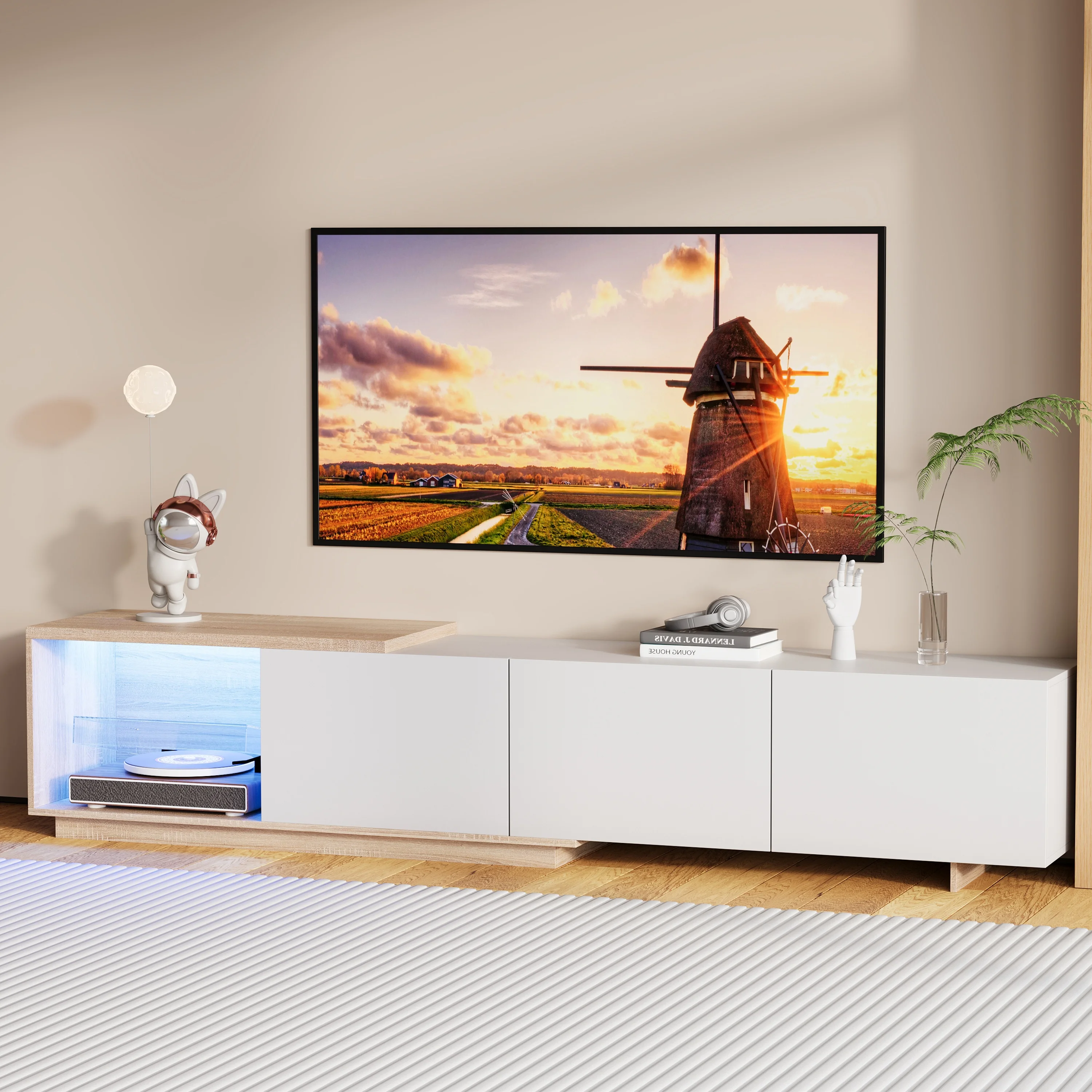 Verstellbares TV-Möbel mit LED, Wohnzimmer-TV-Möbel mit 3 Schubladen, Aufbewahrungsstruktur, cm, Niedriges TV-Möbel, Modern