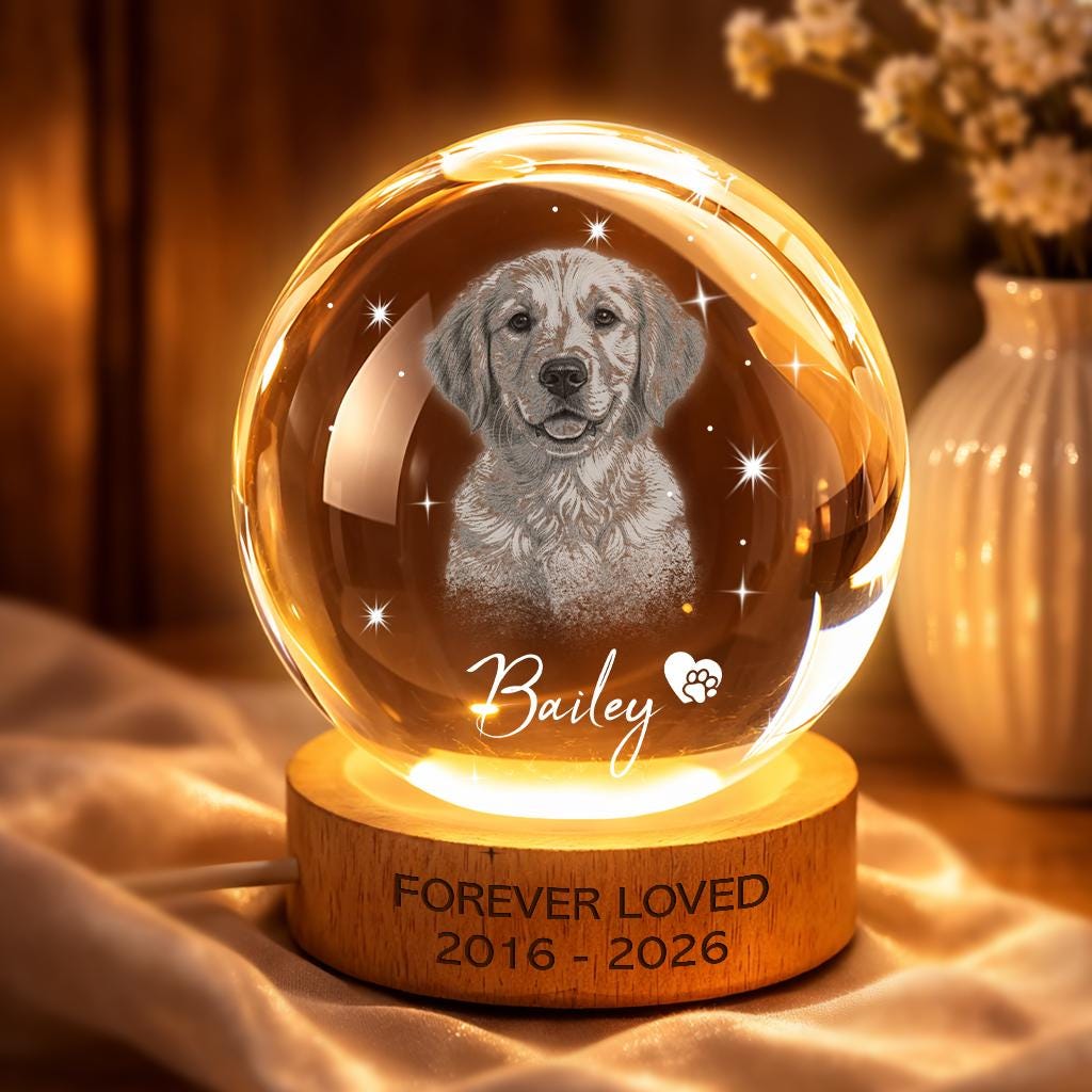Luce notturna commemorativa personalizzata per animali domestici, luce notturna con sfera di cristallo e ritratto dell'animale, luce di cristallo con