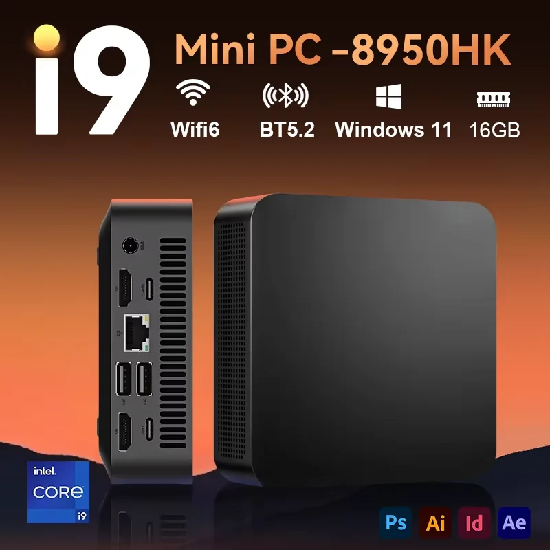 Mini PC Intel Core i9 8950HK, 16 Go DDR4 + 1/2 To SSD M.2, Windows 11, Mini PC de jeu, ordinateur de bureau, prend en charge la résolution 4K HD
