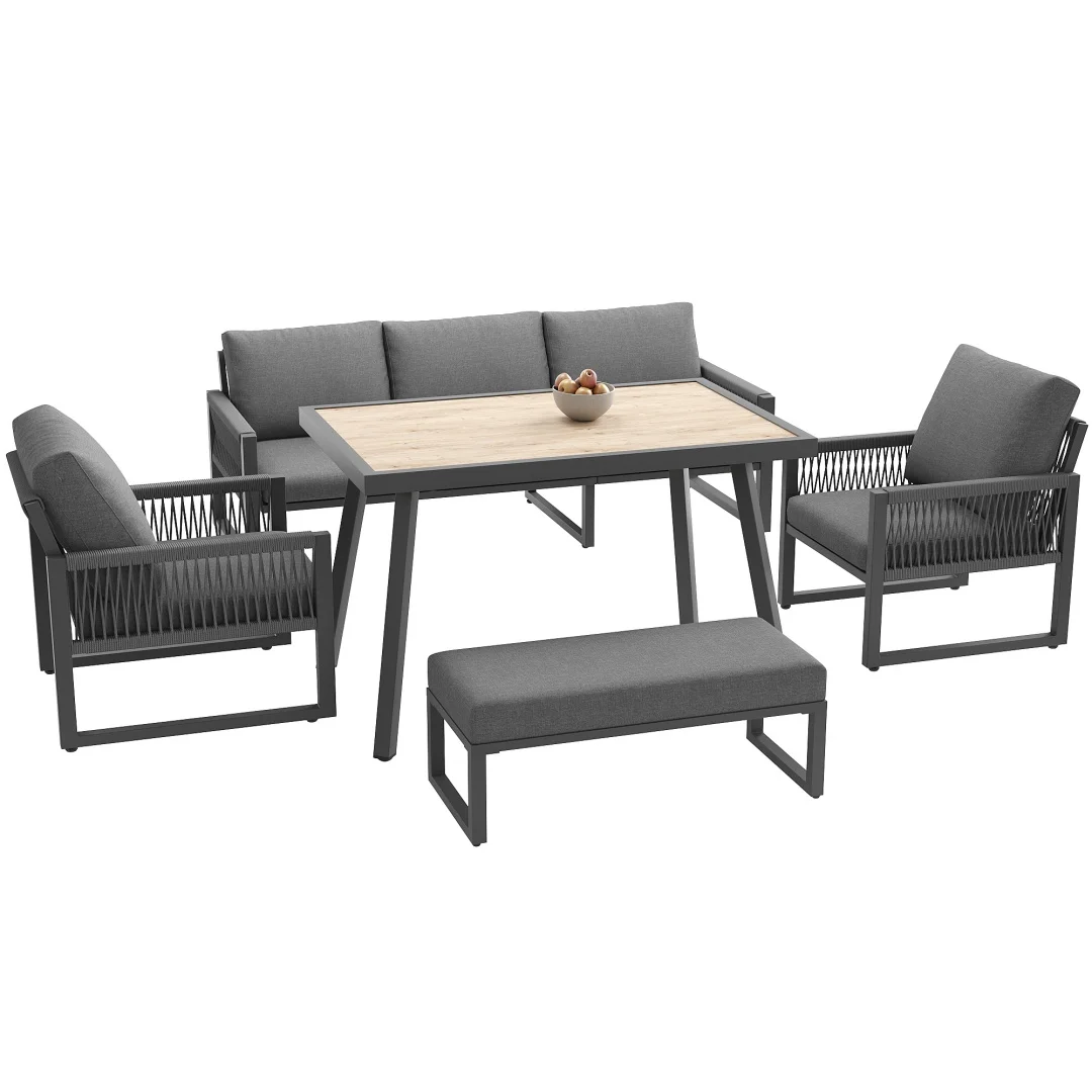 Ensemble de meubles de jardin, canapé d'extérieur 6-7 places, ensemble de salon de jardin pour balcon et terrasse, canapé de jardin avec grand table à manger, sièges de haute qualité