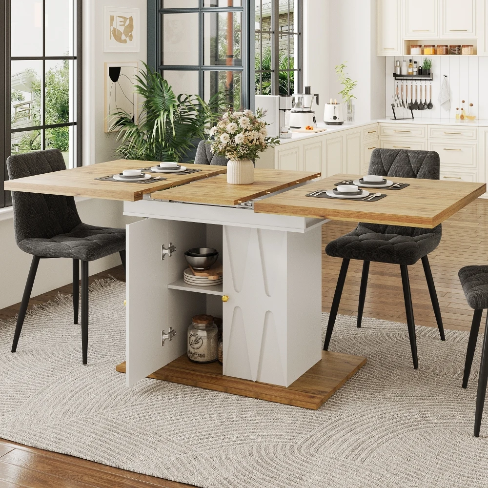 5-teiliges ausziehbares Esstisch-Set, Ausziehtisch 110(140)x70x76cm mit 4 grauen Baumwoll-Leinen-Stühlen, modernes Küchen- und Esszimmer-Set