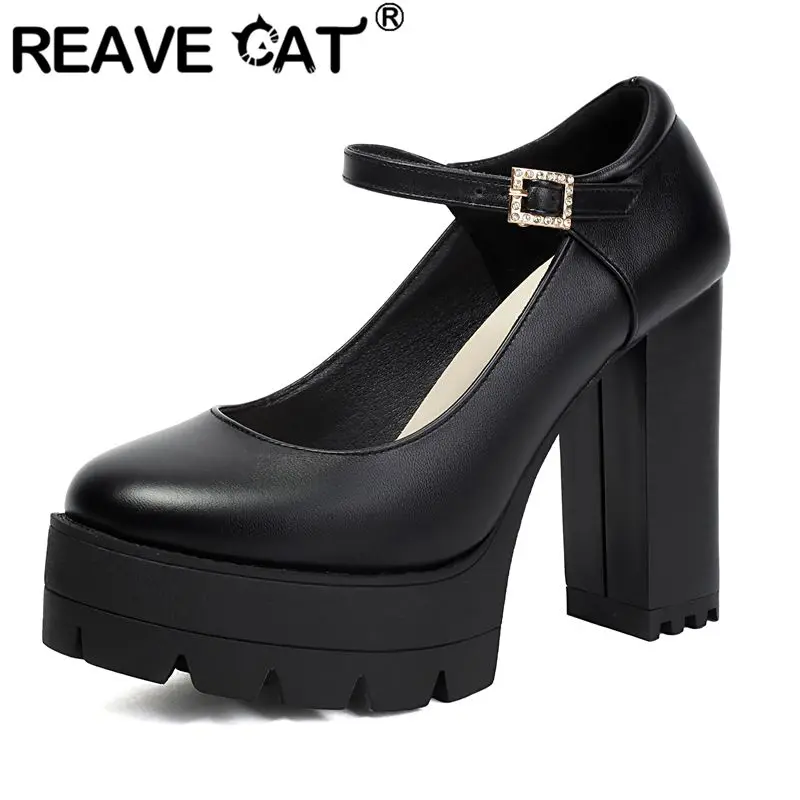 REAVE CAT Schwarze Mary Jane Damenpumps Runde Zehenkappe 11cm Blockabsatz 3,5cm Plateau Schnallenverschluss Süße Dating-Schuhe Große Größen 44 45 46