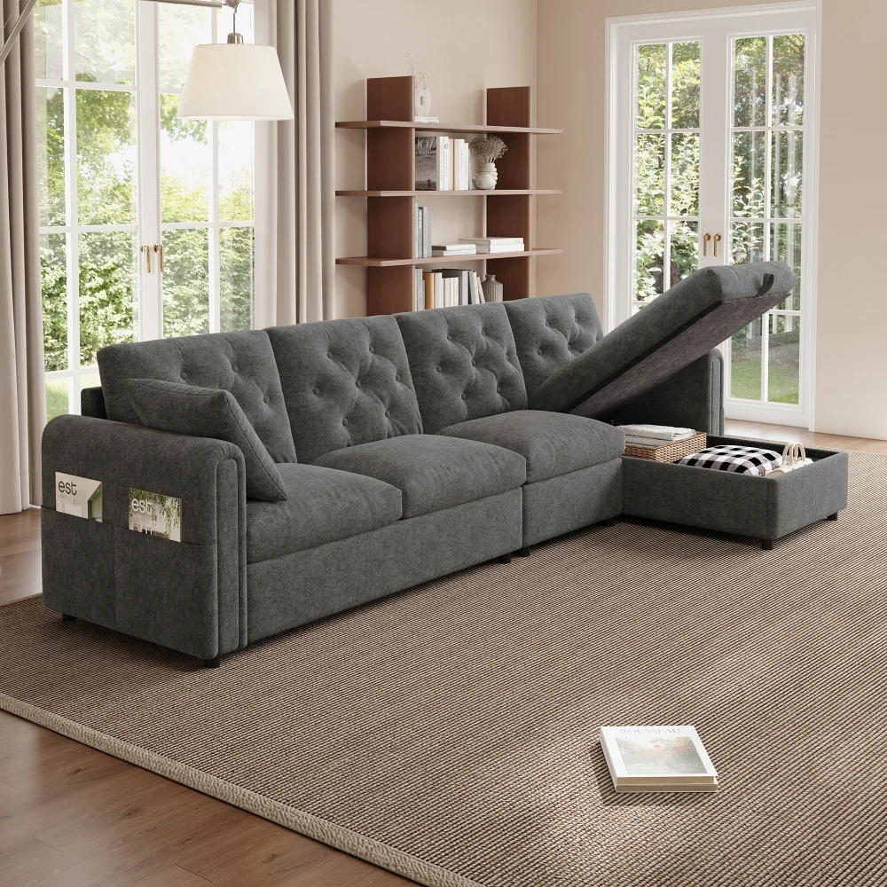 Modernes Samtsofa mit Stauraum im Eckbereich, L-förmiger Stauraum im Eckbereich links und rechts verstellbar Image