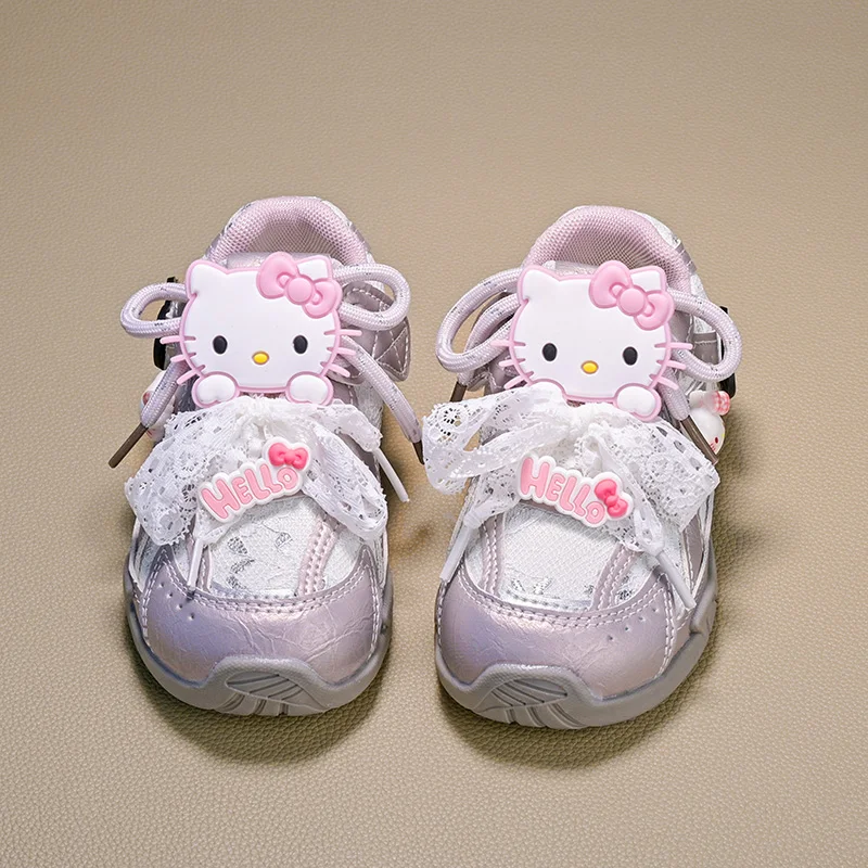 Freizeitschuhe für Kinder, Mädchen, Cartoon-Hello-Kitty-Schuhe aus PU-Leder, Outdoor-Schuhe mit Schleife, rutschfeste Turnschuhe, PU-Leder, Lila, Größe 26–37