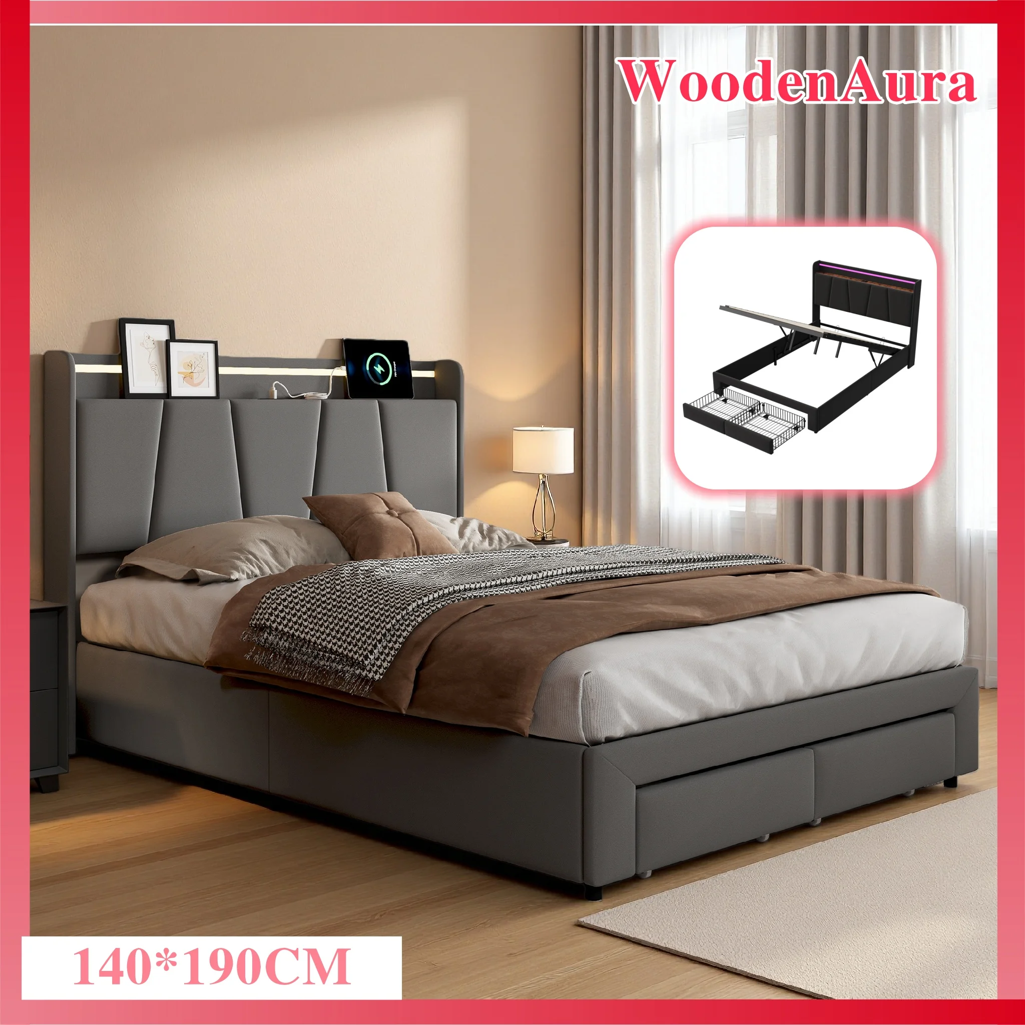 WoodenAura Bett 140x190cm, hydraulisches Stauraumbett mit zwei Schubladen am Fußende, mit LED-Beleuchtung, dunkelgrau, Leinenstoff. Image