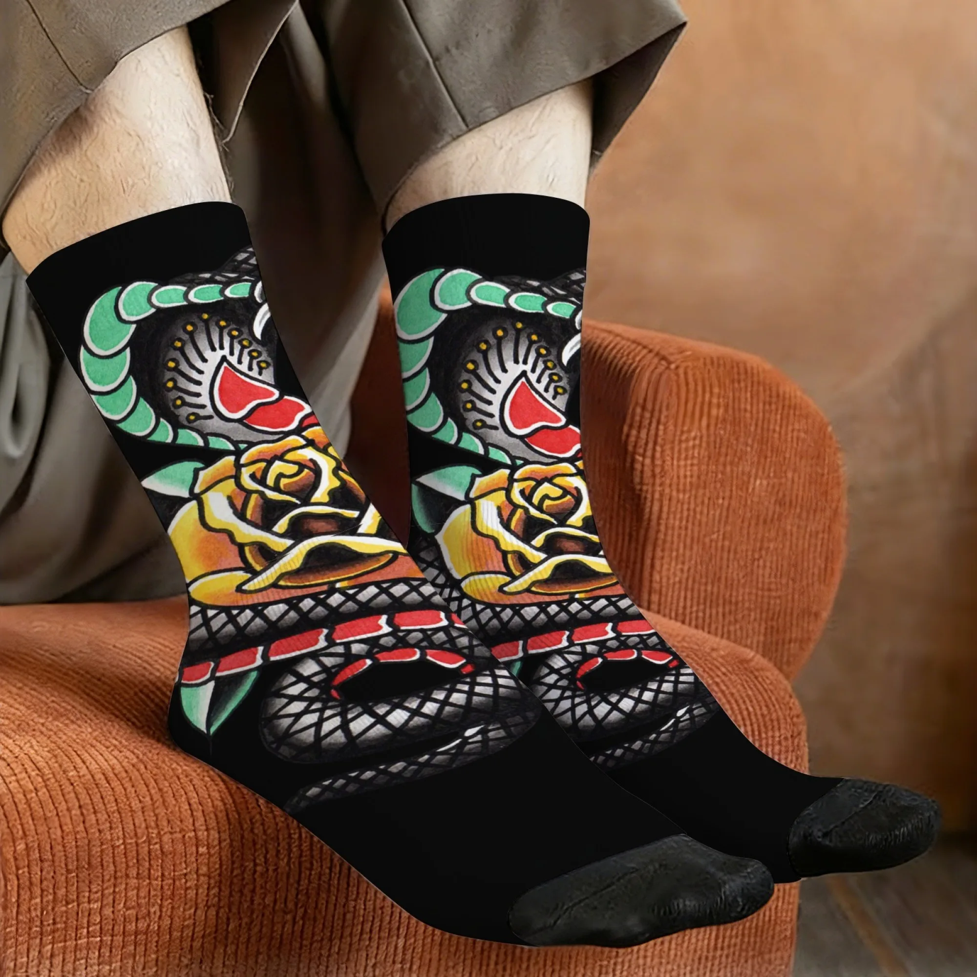 Punk Gothic Motorrad-Socken mit Schlangen- und Rosenmuster für Herren, bis zur Mitte der Wade, Street Retro, cooler, rebellischer Stil, bequeme, weiche, rutschfeste Socken Image