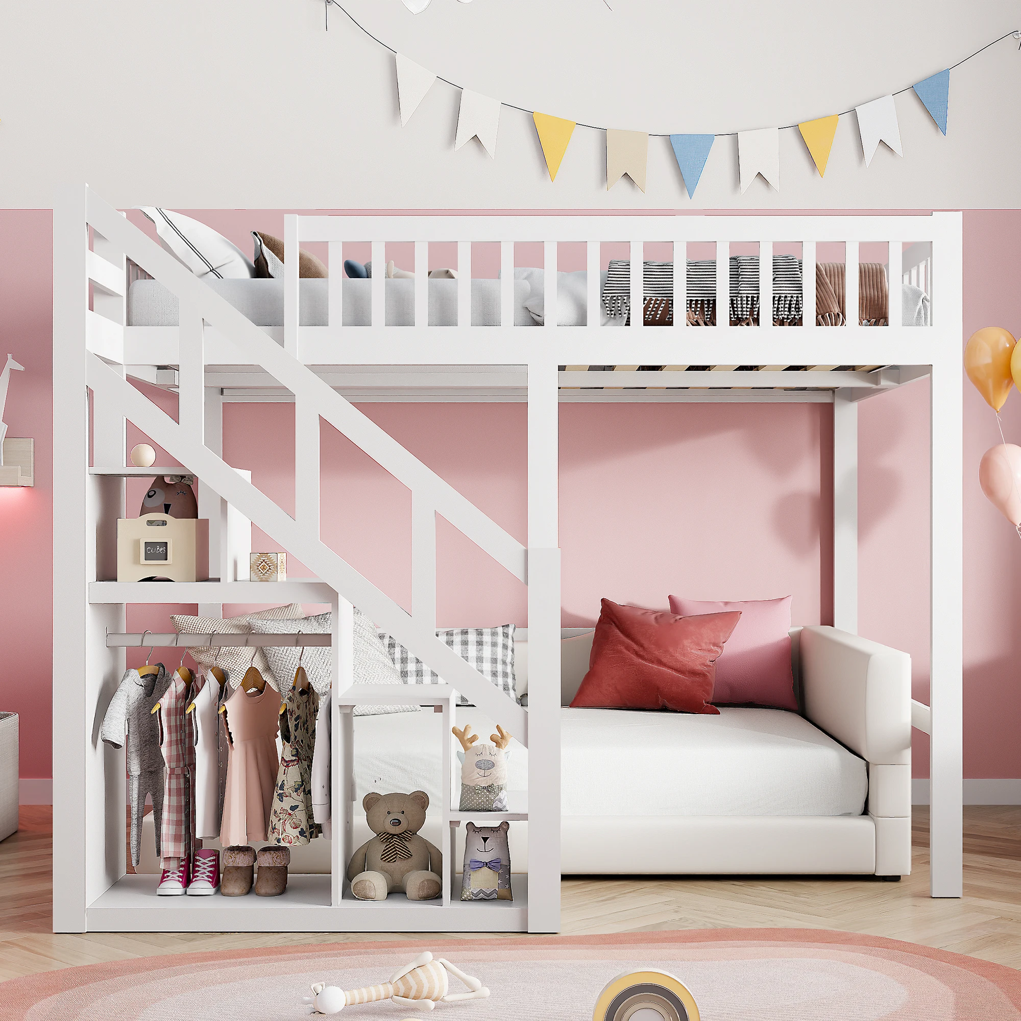 Anajqaqia 140 x 200 cm Etagenbett mit Treppe, Kinderbett, Hochbett mit Lattenrost und Stauraum, ohne Matratze, Weiß