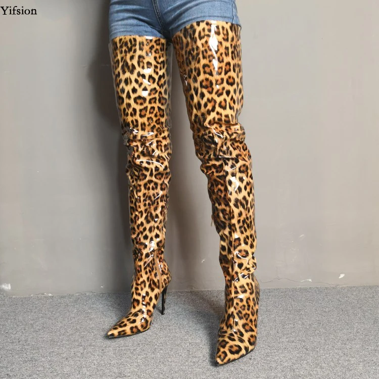 Olomm Neue Frauen Oberschenkel Hohe Glänzende Stiefel Stiletto High Heels Stiefel Spitz Super Sexy Leopard Party Schuhe Frauen UNS Größe 5-15