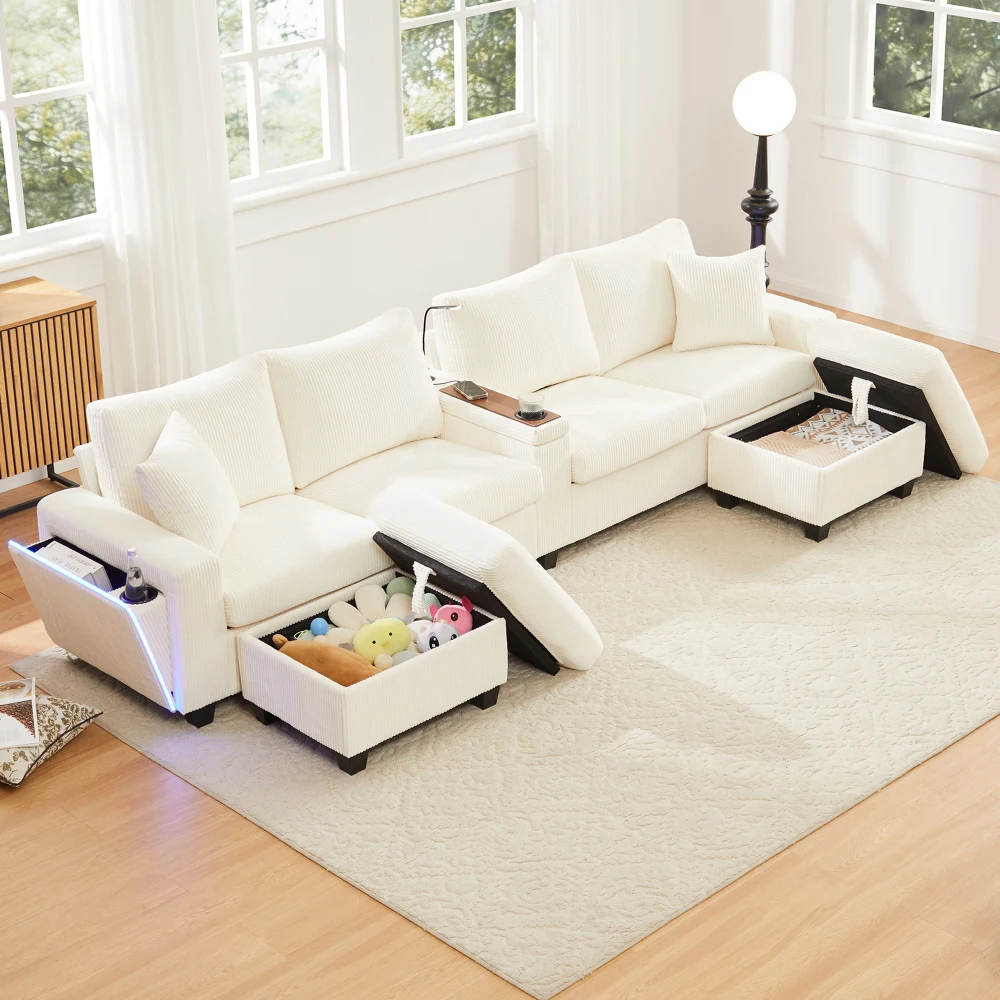 U-förmiges Cord-Sofa mit 2 Hockern, Leselampe, klappbarer Ablage, Getränkehalter & USB/Type-C, beidseitige Armlehnen mit dekorativer Verzierung