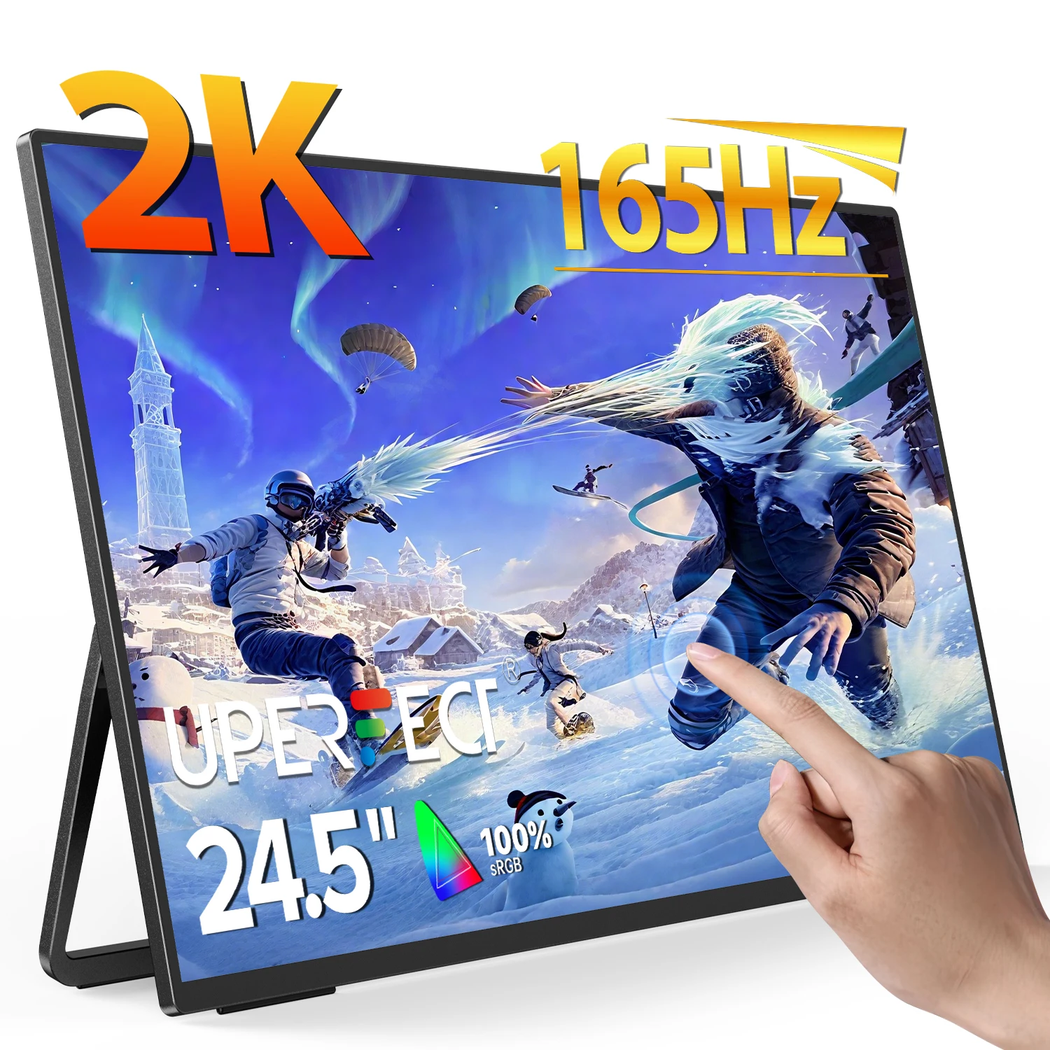 UPERFECT 24,5 "2K 165HZ Touchscreen tragbarer Gaming Monitor 1MS Touch Display mit FreeSync HDR VESA Typ-C HDMI zweiter Bildschirm für Telefon Laptop Mac Spielkonsole eingebauter 180 ° verstellbarer Image