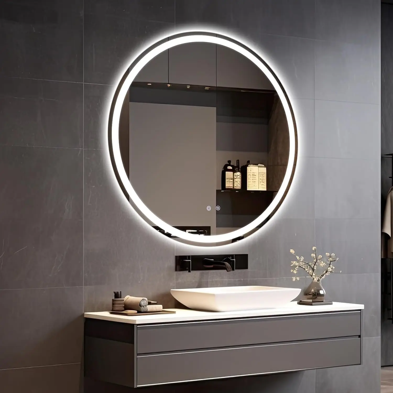 LED-Badezimmerspiegel, 60/80 cm, rundes gehärtetes Glas, explosionsgeschützt, beschlagfrei, dimmbar, 3-farbig, LED-Wandspiegel mit Memory-Funktion