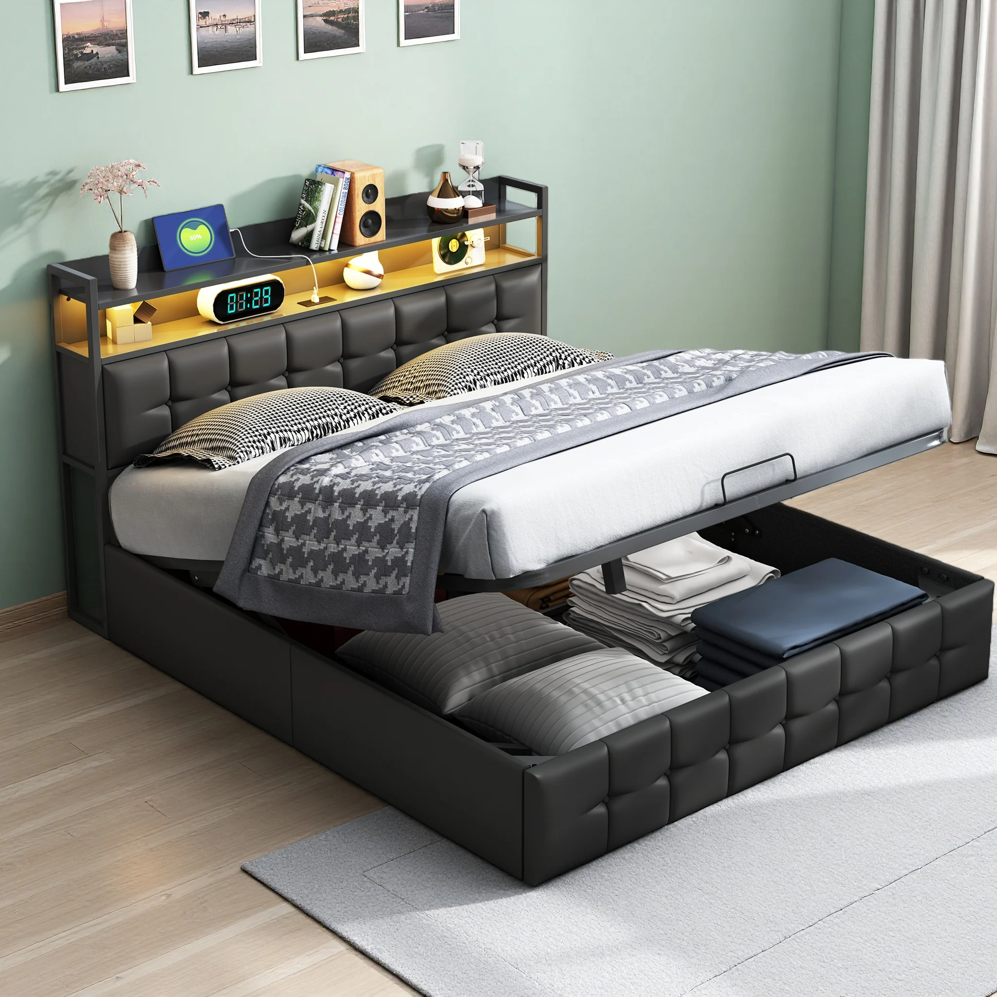 Superaly 160x200cm Polsterbett mit Stauraum und Lattenrost, LED-Kopfteil mit USB-Ladeanschluss, PU, Schwarz Image