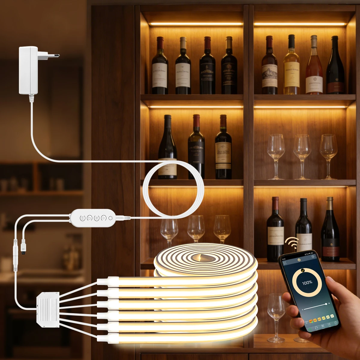 2-6 Stück Bluetooth APP Dimmbare LED Unterbauleuchte Neon COB Streifenleuchte für Küche Regal Vorratskammer Vitrine Schlafzimmer Schrank Hintergrundbeleuchtung