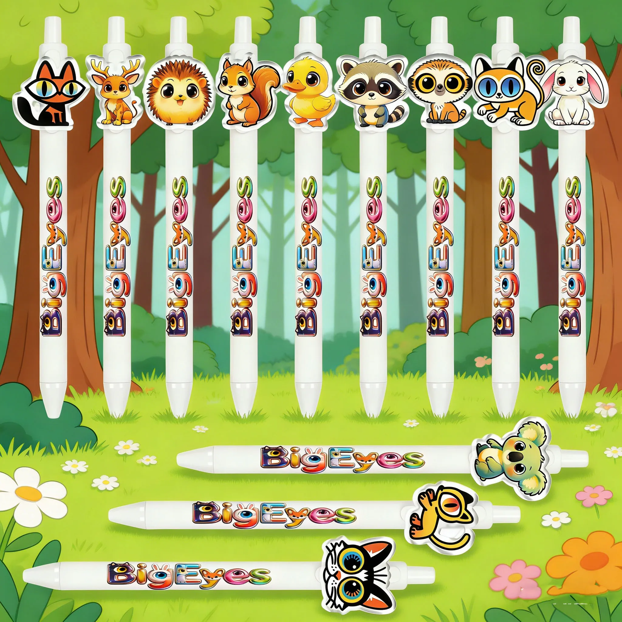 9er/12er-Set niedliche Kugelschreiber mit großen Augen, Tiermotiv, zum Aufdrücken, als Geschenk Image