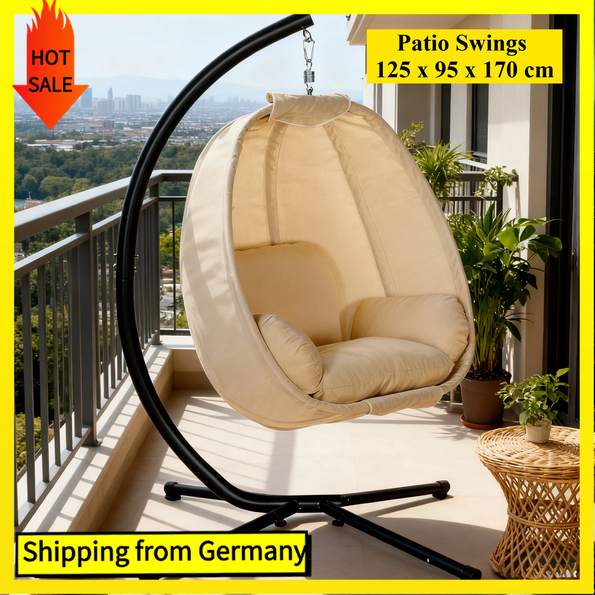 Comanlai Terrassenschaukeln, 125 x 95 x 170 cm, eiförmiger Schaukelsitz mit Kissen, Hängesessel für drinnen und draußen, Khaki