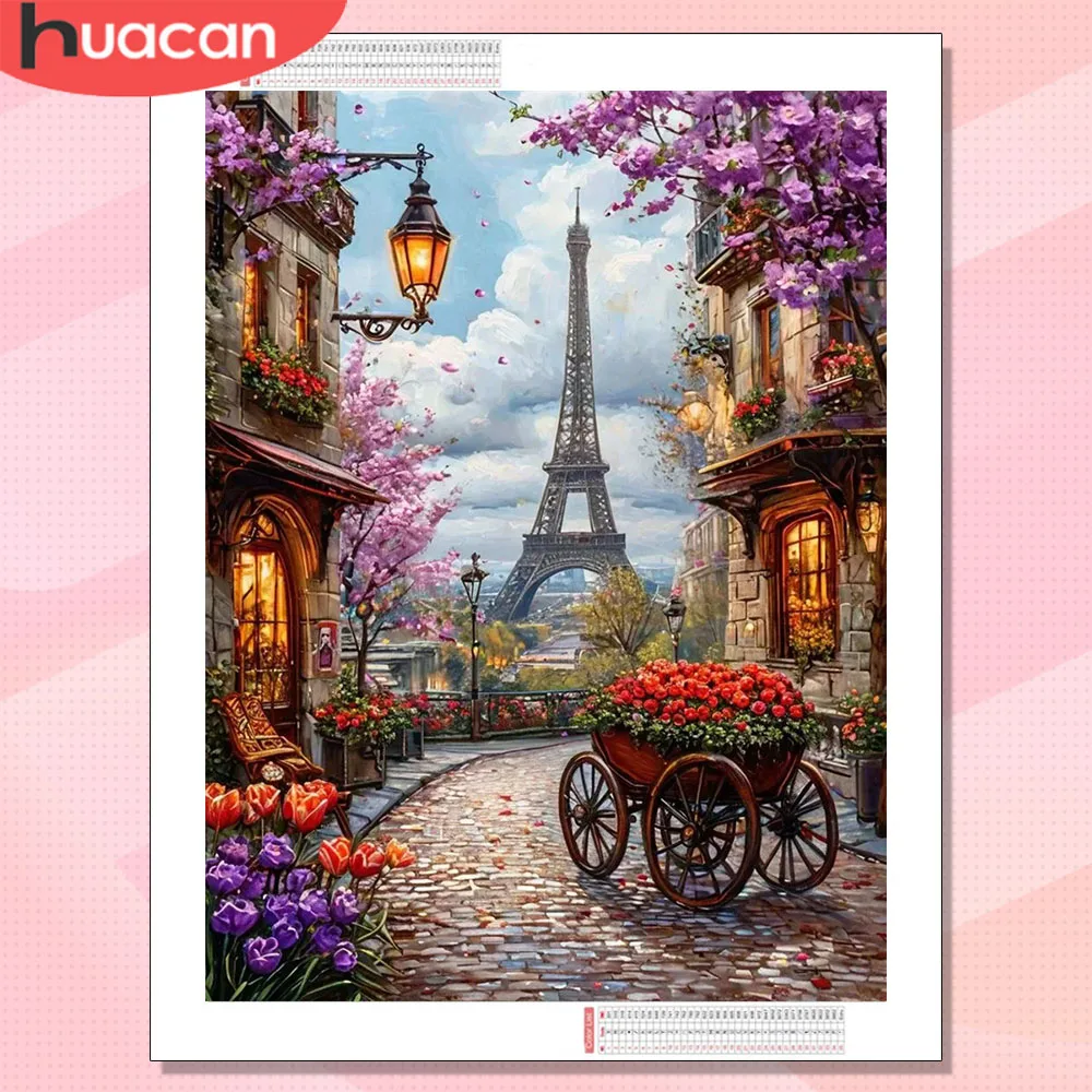 HUACAN Diamant-Mosaik Turm-Landschaft Komplettset, 5D Diamantmalerei Stadtansicht, Geschenk-Handarbeit, Komplette Heimdekoration Image