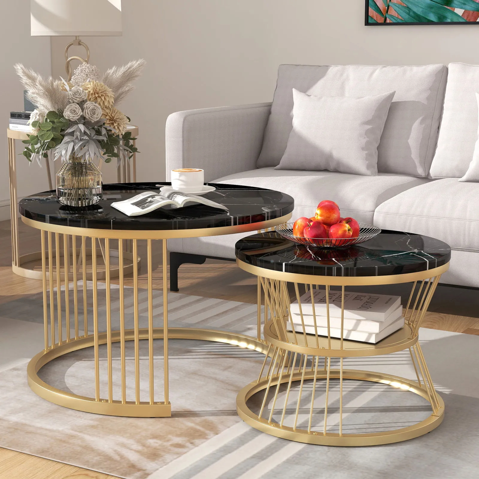 Anajqaqia Couchtisch-Set, runder Couchtisch, Wohnzimmertisch mit Marmorimitat-Finish, goldfarbener Metallrahmen, für Schlafzimmer, Schwarz Image